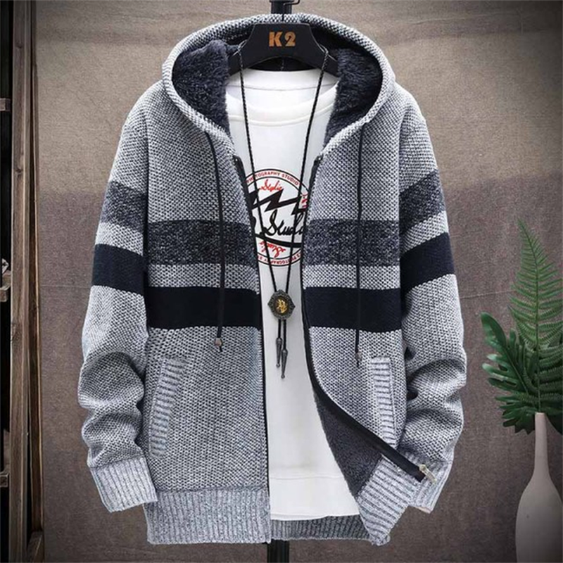 Men's striped knitted jacket with hood