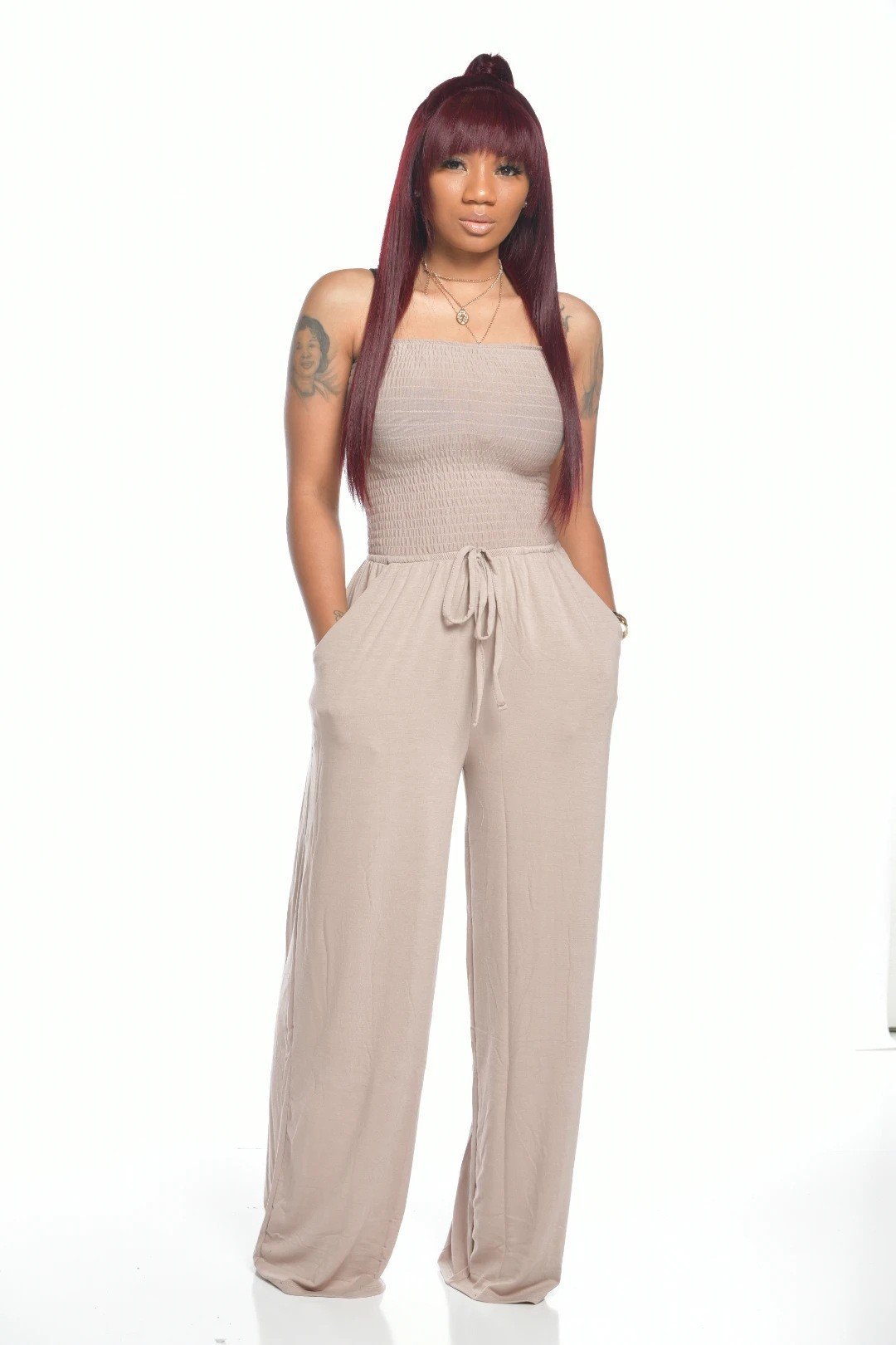 🔥Off Shoulder Solid Color Smocked Jumpsuit