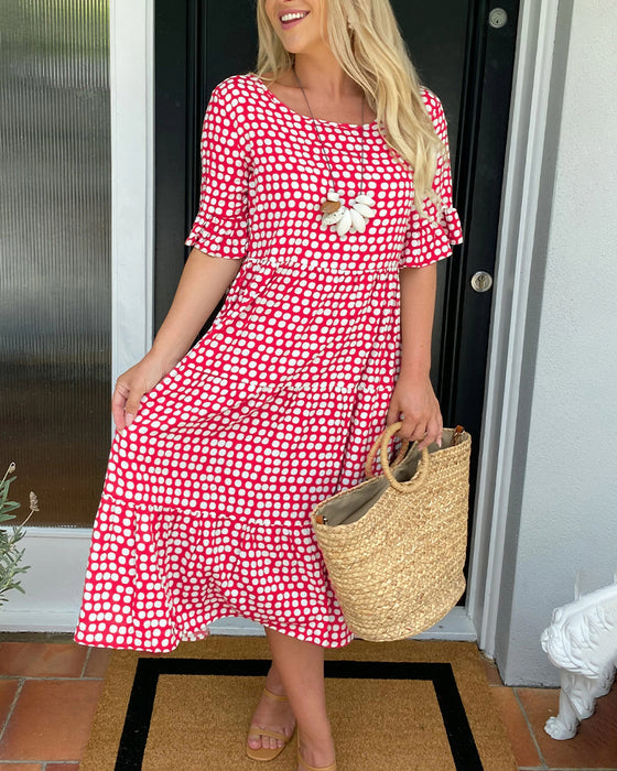 🎁2024 Big Sale🎁💥Round Neck Polka Dot Print Midi Dress