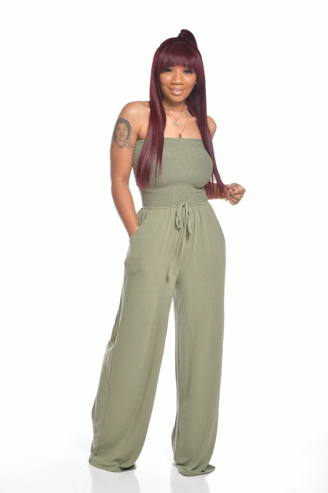 🔥Off Shoulder Solid Color Smocked Jumpsuit