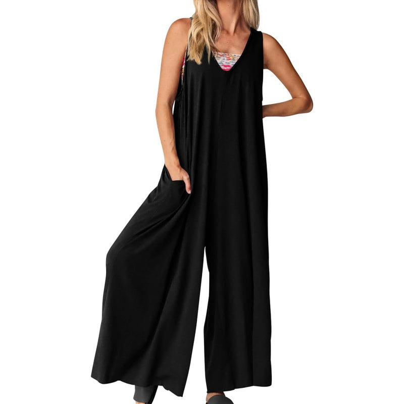 Women's Casual V-Neck Sleeveless Wide Leg Jumpsuit