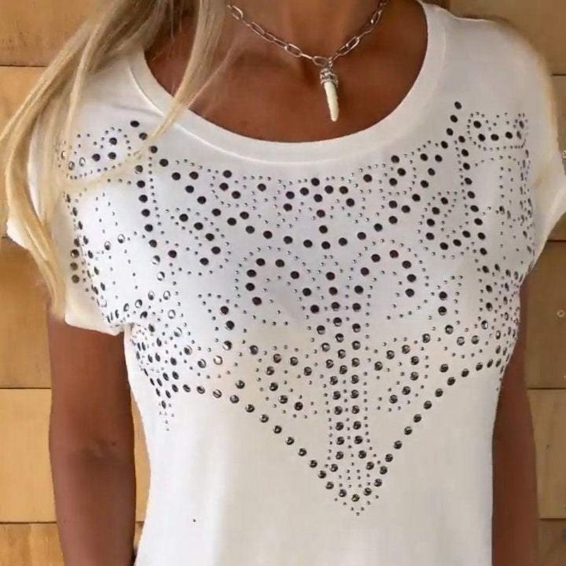 🔥HOT SALE 50% OFF🔥Women's Solid Colour Short Sleeve T-shirt With Hot Print And Frayed Hem