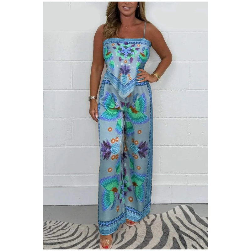 Women's Spaghetti Strap Printed Top & Loose Pants 2-Piece Set