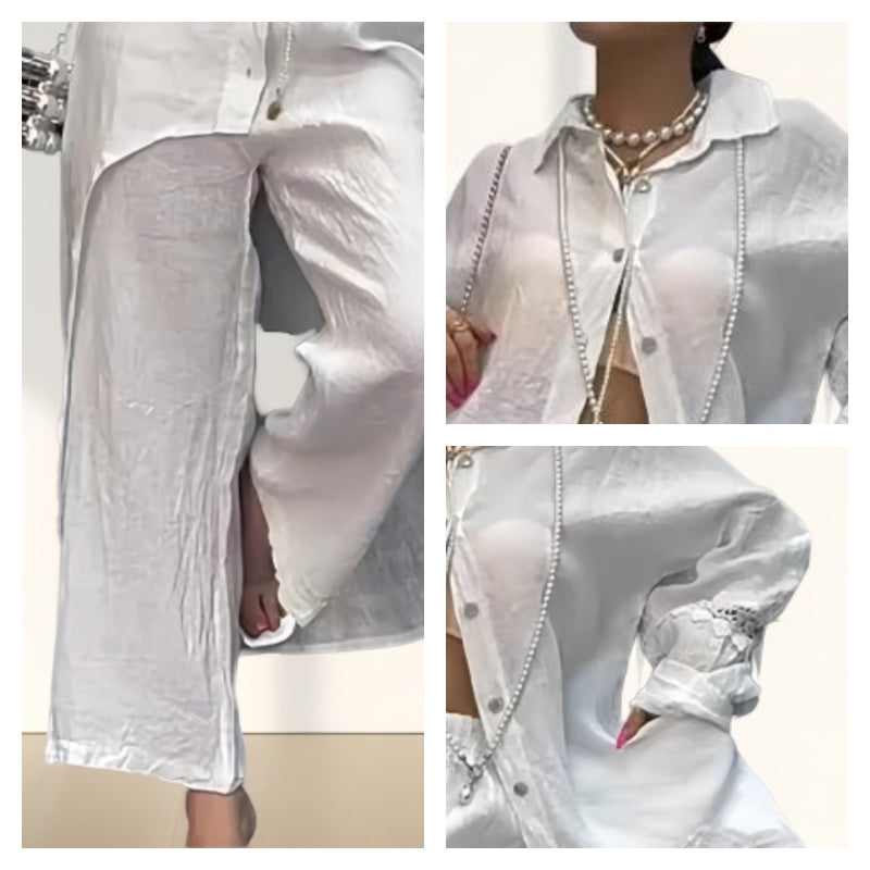 Women’s Trendy Solid Color Two-Piece Outfit Long Sleeve Shirt & Pants