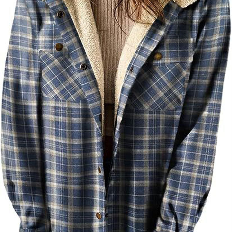 ⏰Free shipping⏰WOMEN'S THICKENED FLANNEL LONG SLEEVE PLAID JACKET COAT WITH HOOD