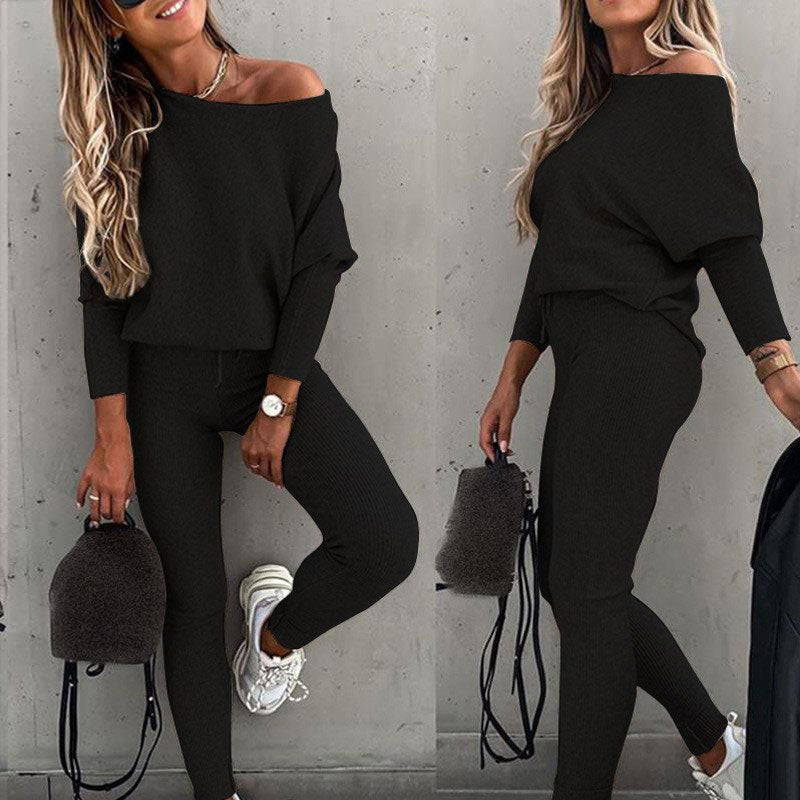 Off-Shoulder Long Sleeve Top with Drawstring Pants Set