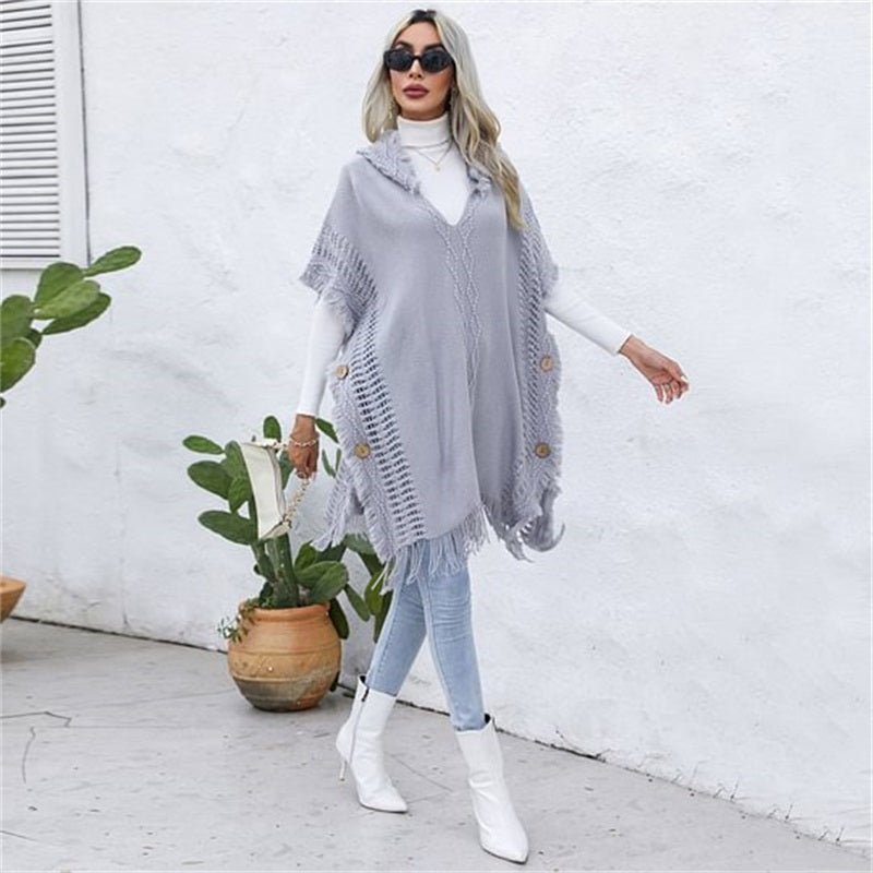 Women’s Elegant Hooded Knit Poncho Sweater with Fringe Trim