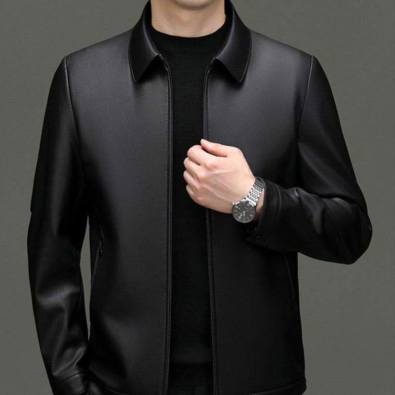 Men's Classic PU Leather Jacket with Zipper Front