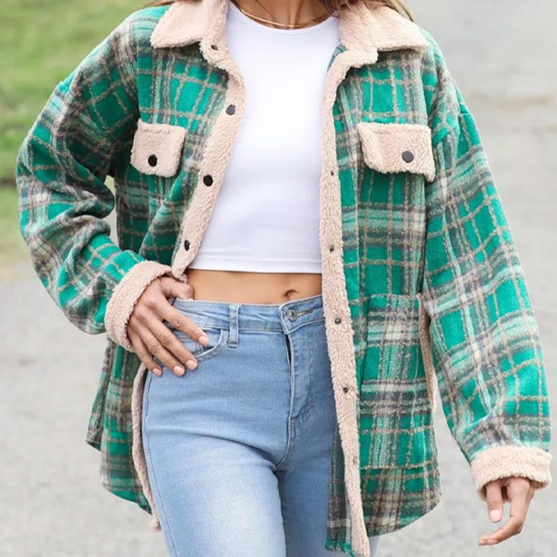 Women’s Casual Sherpa Plaid Long-sleeve Button-down Coat