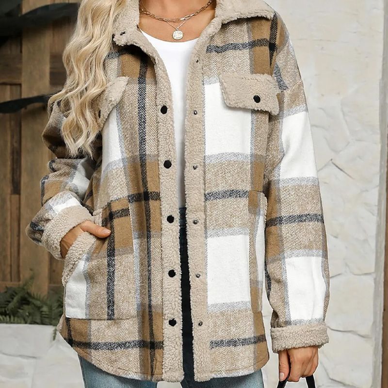 Women’s Casual Sherpa Plaid Long-sleeve Button-down Coat