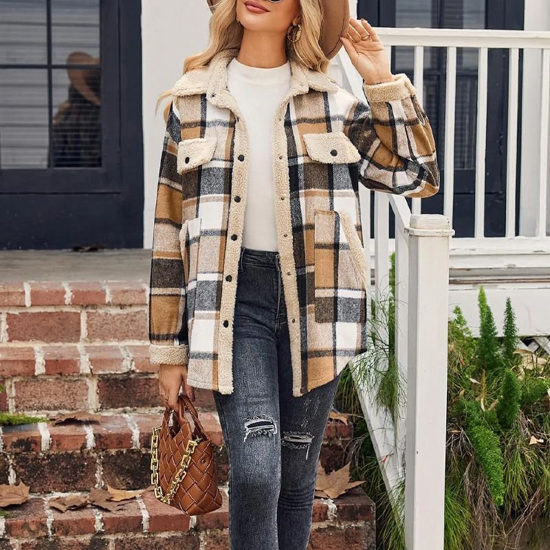 Women’s Casual Sherpa Plaid Long-sleeve Button-down Coat