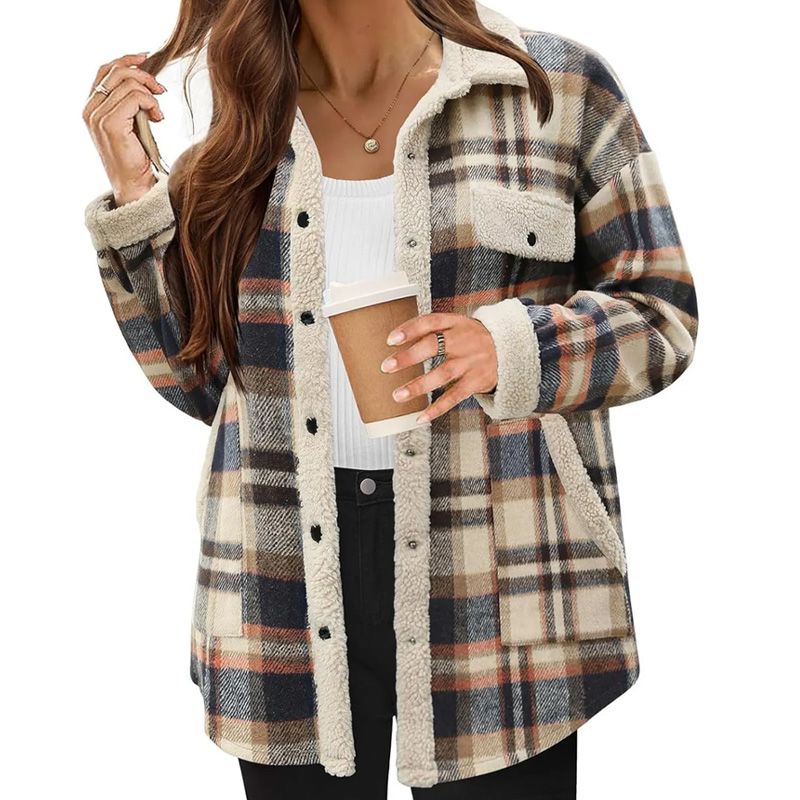 Women’s Casual Sherpa Plaid Long-sleeve Button-down Coat