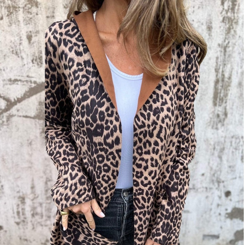 Women's Hooded Leopard Print Open-Front Trench Coat