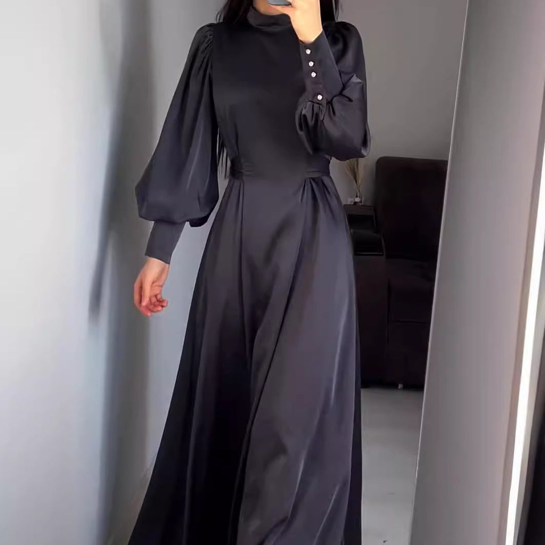 Women's Long Sleeve Tie Waist Pleated Dress