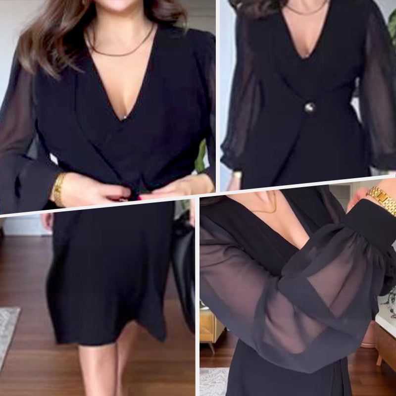 🥰Elegant dress with V-neck and long lantern sleeves made of mesh for women