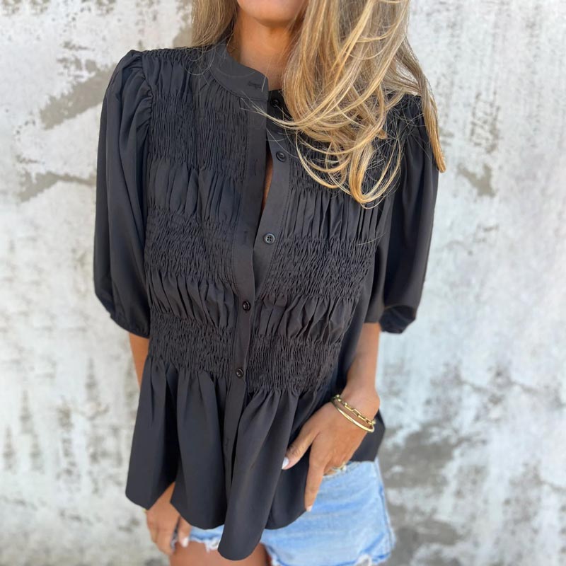 Women’s Casual Pleated Round-neck Button Shirt