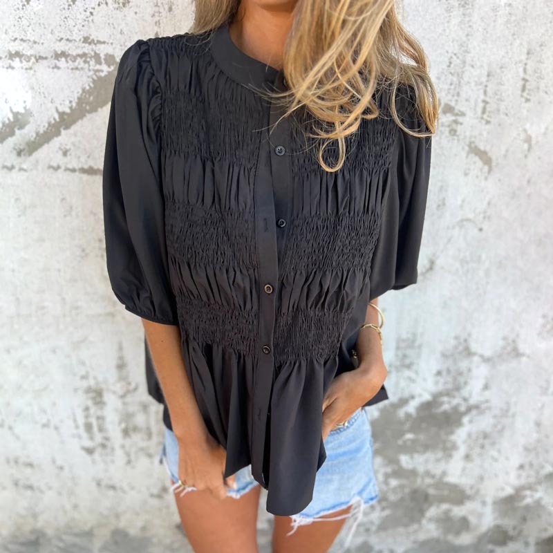 Women’s Casual Pleated Round-neck Button Shirt