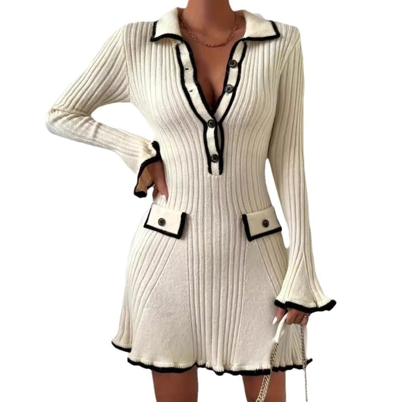 Women's Sexy V-Neck Long Sleeve Button Dress