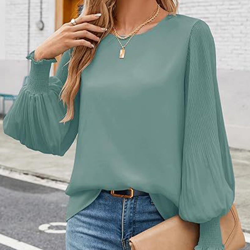 Women's Casual Crew Neck Pleated Lantern Long Sleeve Shirts