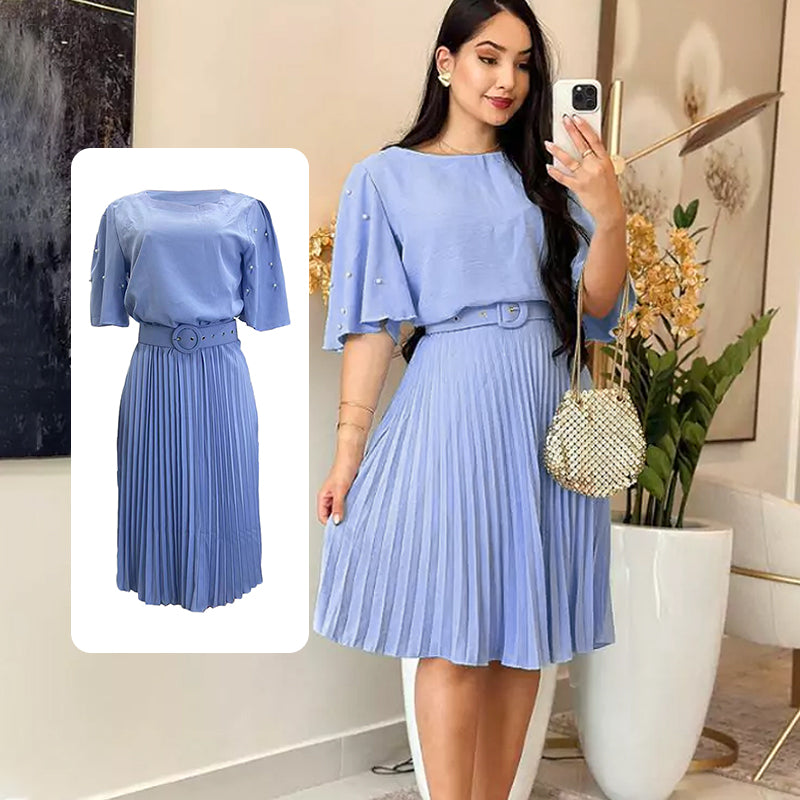 Elegant Round Neck Pleated Dress with Belt