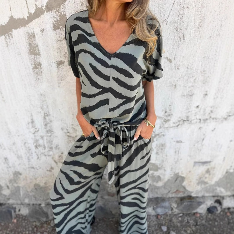 Women's Zebra Print V-Neck Top & Pants Two-Piece Set