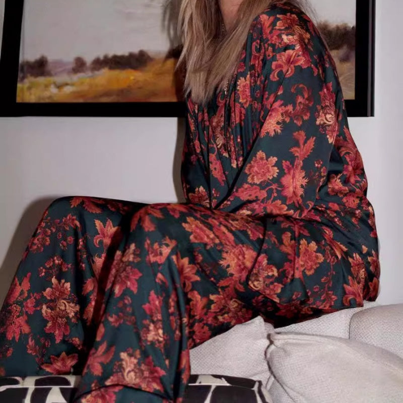 Women's Floral Printed Long Sleeve Pajama Top ＆Pants Two Piece Set