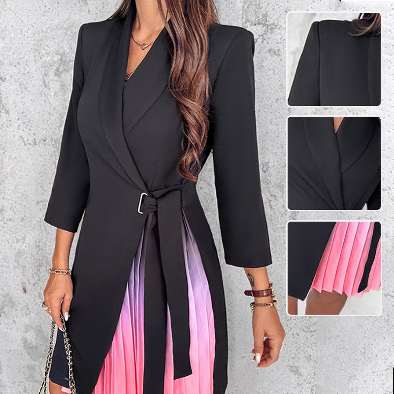 Ombre Lapel Neck Tied Waist Pleated Blazer Dress