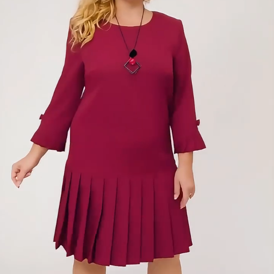 Women's Casual Round-Neck Dress with Pleated Hem