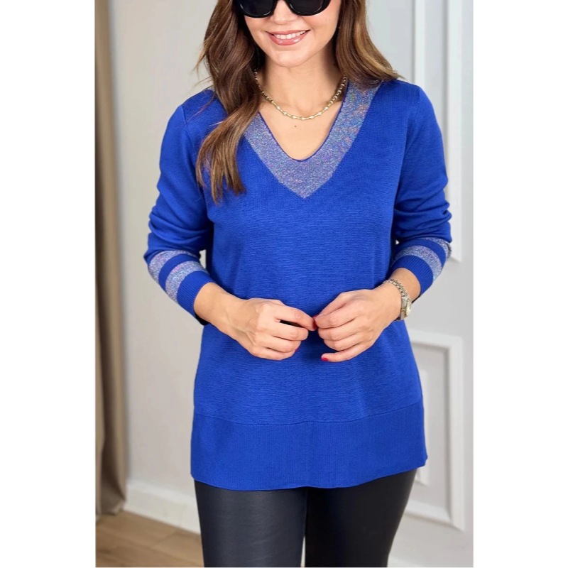 Women's Casual V-Neck Shiny Accent Top