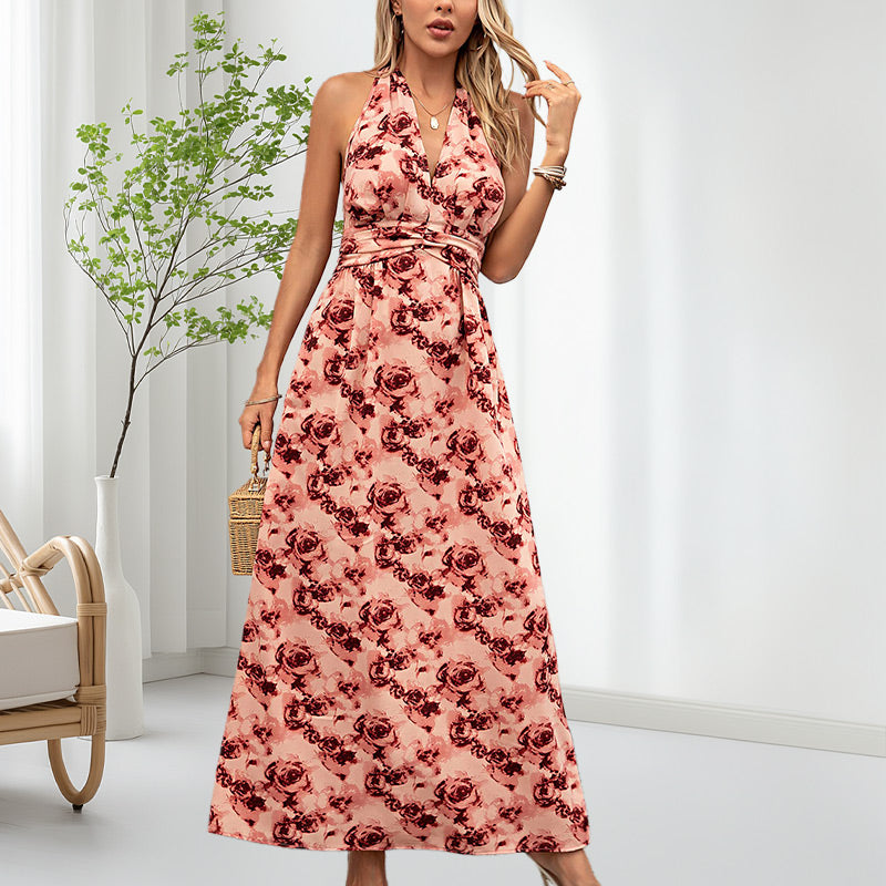 Women's Boho Floral Strap V Neck Halter Dress