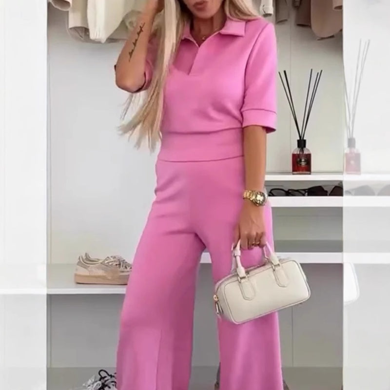 Solid Color Lapel Top & Wide Leg Pants 2-Piece Set