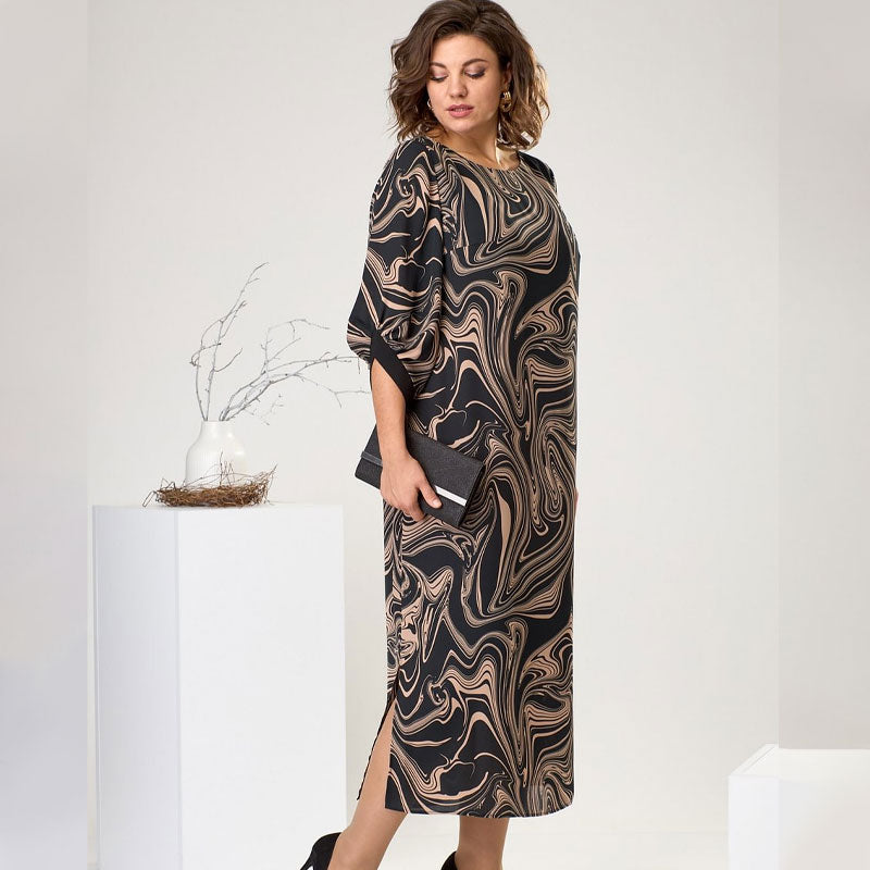 Three-Quarter Sleeve Marble Print Maxi Dress